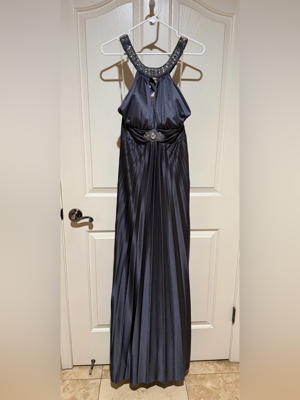 XOXO Dark Gray Satin Halter Prom Dress with Jeweled Waist